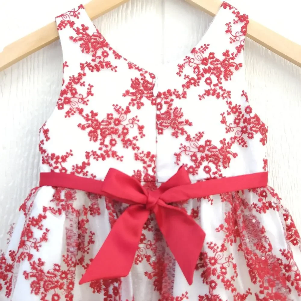 American Princess 3T Red Holiday Party Dress Floral Embroidery Tulle Formal EUC
